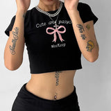 Girl Hit The Color Bow Embroidered Slim Short-Sleeved Blouse Ultra-Short Sweet Navel Sexy T-Shirt Girl-Outfit