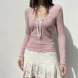 Sweet Girl Lace Bow Stitched Pink Long-Sleeved T-Shirt 2023 New Slim U-Collar Blouse-Outfit