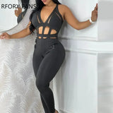 Women Casual Solid Hollow Out Halter Buckled Contrast Mesh Deep V Neck Hole Sleeveless Bandage Jumpsuit-Outfit