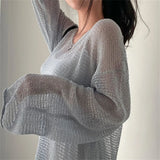 Lazy Style Full Sleeves Jumpers Tops Hollow Out Sexy Women Fashion Casual Streetwear Chic Femme Sweaters