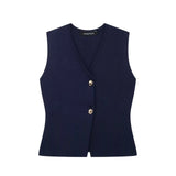 Summer New Temperament Fashion V-Neck Sleeveless Single-Claw Buckle Solid-Colored Vest Vest Women