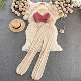 Women Summer Design Knitted Set Sexy Sleeveless V Neck Short Strap Tops+Chic Hollow Wide Leg Long Pants Two Piece