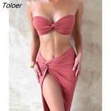 Elegant Strapless Sexy Two Piece Set Women Sleeveless Crop Top And High Split Skirt Matching Sets Party Dress