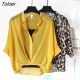 Two Piece Chiffon Shirt Women Summer Half Sleeve Loose V-Neck Casual Blouse Women Sexy Loose Striped Shirts Tops