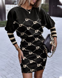 Independent Station Autumn New Fashion Printed Waist Round Collar Long-Sleeved Dress-Outfit