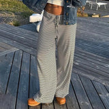 Hit Color Striped Knitted Casual Pants Commute Daily Lazy Feeling Loose Straight Tube Wide-Legged Trousers Girls Summer-Outfit