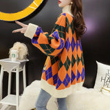 Oversize Turtleneck Pullover Sweater Women Cartoon Character Argyle Print Outwear 2022 Winter Korean Retro Loose