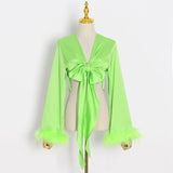 Solid Shirt For Women V Neck Long Sleeve Patchwork Feathers Sexy Belt Blouses Female Fashion Cloth Style New