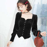 Vintage Elegant Volvet Long Sleeve Blouses Women Sequare Collar Autumn Shirts Female Single Breasted Blusas