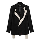 Women Black Contrast Color Burr Split Blazer New Lapel Long Sleeve Loose Fit Jacket Fashion Spring Autumn 2023