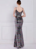 Vintage Strap Sleeveless Solid Sequined Mermaid Evening