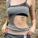 y2k Knitted Crop Top Cut Out Asymmetrical Camis Backless Patchwork Sexy Women Chic Grey Grunge Mini Vest Retro