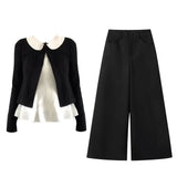 High-Grade Black Knitted Cardigan Doll Collar Bottom Shirt Jersey Trousers Three-Piece