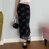Floral Print Midi Skirts Women High Waisted Velvet Long Skirts Vintage Punk Gothic Grunge Slim Split Bottom Korean-Outfit