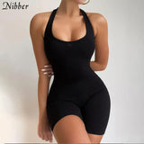 Basic Striped Halter Rib Knit Playsuit Women Casual Backless Streetwear Rompers 2021 Sporty Workout Elastic Biker