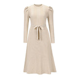 Puff Sleeve Solid Color Dress Round Neck High Waist Lace Temperament Thinner Knitted Base Sweater A-Line