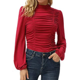 New T Shirt Women Clothing Solid Stand Neck Long Sleeve Plus Size Fashion Ruched Chic Tops Ladies Casual Slim Tee