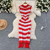 Slimming Striped Tuxedo Sweater Dress With Thin Knitted Dress Temperament