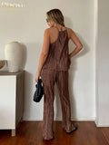 Sexy Brown Tank Top Set Woman 2 Pieces Chic Summer Casual High Waist Pants Set Female Elegnat Slim Pleated Trouser