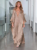 Spring Summer New Women's Dress Fashion V-Neck Belt Solid Color Bubble Sleeve Fold Loose Leisure Women's Dress Long
