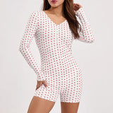 Women Floral Print Short Romper Spring Autumn Clothes V Neck Button-Down Long Sleeve Tight Jumpsuit Female Clothing-Outfit
