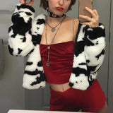 Cow Print Plush Winter Jacket Women Shaggy Zipper Cropped Jackets Coats Fleece Turn-down Collar Outerwear