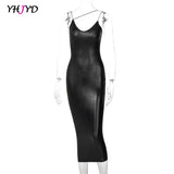 Cut V-Neck Bodycon Dress for Women Party Elegant Sexy Outfits Pu Leather Autumn Winter Sleeveless Maxi Dresses Fashion