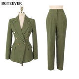 Green Women Blazer Set Double-breasted Slim Jacket & Pencil Pant Women Pant Suit Ladies Work Suit Female 2 Piece
