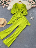 Summer Women 2 Pieces Set Purple/Green/White Elegant V-Neck Puff Short Sleeve Irregular Tops + High Waist Pants Vintage Suit