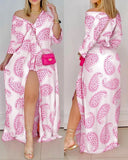 Loose Striped Shirt Dress Women Fashion V-neck Long Sleeve Loose Striped Print Slit Maxi Dress for