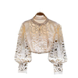 Retro Court Style Lace Shirt Female Retro High-End Round Collar Engraved Empty Hook Flower Top Female Minority Light Extravagance-Outfit