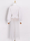 Plain Dress For Women Lapel Lantern Sleeve Patchwork Mesh High Waist Pocket Temperament Long Dresses Female 2023