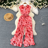 Ins Wear A Female Senior Sense Sleeveless V-Neck Tie Strap To The Belt Print Loose Broad Legs 100-Folded Jump-Fitting