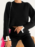 Women Casual Contrast Slit Sweater Suits O-Neck Knitted Pullover And Wide Leg Pants Female 2 Piece Set Elegant Warm Lilac