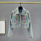 Women's Denim Coat Full Pearls Colored Beaded Crystal Long Sleeve Cool Burrs Female Jackets 2024 Summer New Fashion 29L4067-Outfit