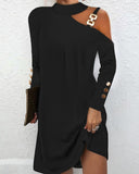 Explosion Autumn Simple Metal Buckle Hanging Neck Button Dress Women's