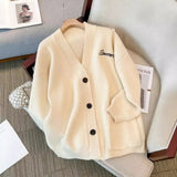 Sweater Coat Female Spring And Autumn Large Size Fat Mm Thin V-Necked Knitted Sweater Advanced Sense College Style Blouse Girl-Outfit