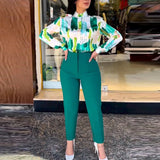 2023 Two Piece Set Womens Turn Down Collar Pant Sets Loose Print Long Sleeves Shirt Pencil Trousers Office Lady-Outfit