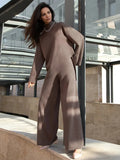 Women Knitted Two Piece Sets Solid High Collar Pullovers+Wide Legs Pants Irregular Suit 2022 Autumn Winter Fashion Loose