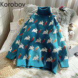 Korean Women Cartoon Knitted Jacquard Sweaters Autumn Winter Turtleneck Thick Pullovers Sueter Mujer Kawaii Harajuku