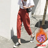 Women High Waist Denim Streetwear Plus Size Loose Harem Ankle-length Trousers Womens Velvet Warm Casual All-match