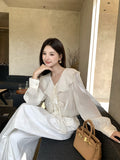 Xixi 2025 Autumn White Label Thin Temperament Hundred Lotus Leaf V Collar Chiffon Shirt Long-Sleeved Shirt Lady