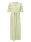 Elegant Women Cotton Midi Dress Green Robe V-Neck Puff Sleeve Wrap Dress Lady Dress Summer Loose Dress 2022