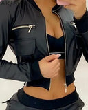 Women PU Leather Zipper Pocket Design Long Sleeve