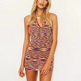 Sexy Backless Knitted Mini Party Dress Summer New Skinny Vacation Halter Green Clubwear V-Neck Bodycon Dresses