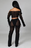 Sexy Hollow Out Bandage Off Shoulder Long Sleeve Crop Top and Pant
