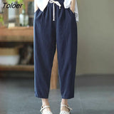 2023 Summer Casual Cotton Linen Pants Women Retro Pockets Loose Harem Pants Woman Solid Elastic Waist Trousers