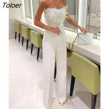 Women 2023 Elegant New Female Jumpsuit Feather Bra Sexy Birthday Club Wear White Maxi White Black Blue Pink