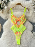 Print Lace Mesh Camis Rompers Fashion Underwear Transparent Slim Jumpsuits 2023 Women Strap Hollow Out Sexy