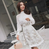 Runway Women's Elegant Two Pieces Set Sexy Long Puff Sleeve Bow Shirt Tops +Vintage Embroidered Flowers Skirt